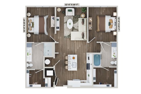Floor plan for 2 beds, 2 baths, 1121 sqft